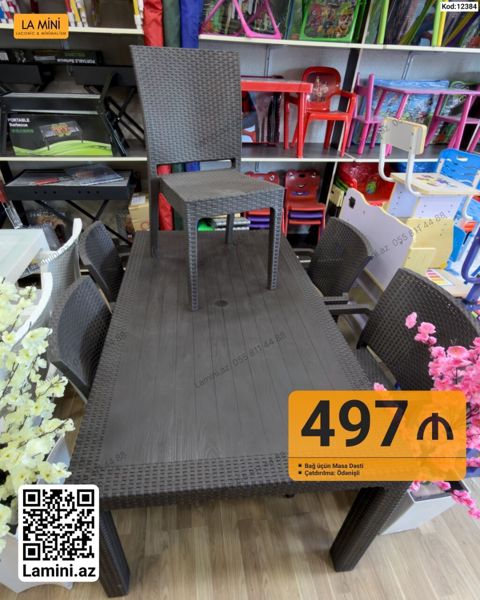 Bağ üçün Masa Dəsti - Rattan naxışlı, möhkəm plastik material - Uzun — Bakı