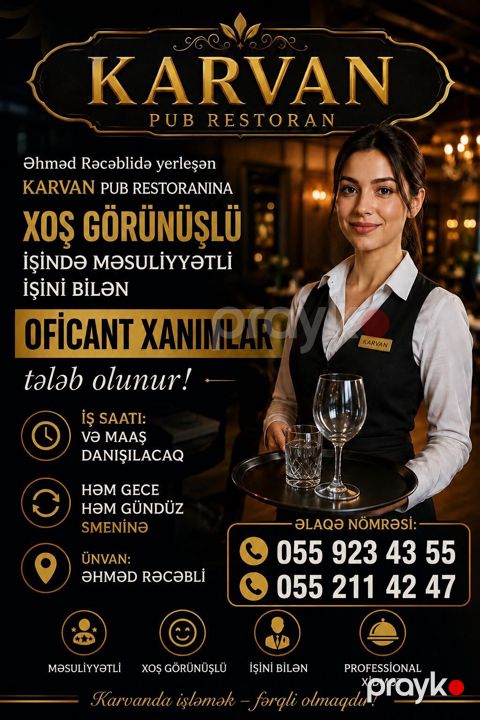 Ofisiant tələb olunur, Restoran, İstənilən yaş, Təcrübəsiz — Bakı