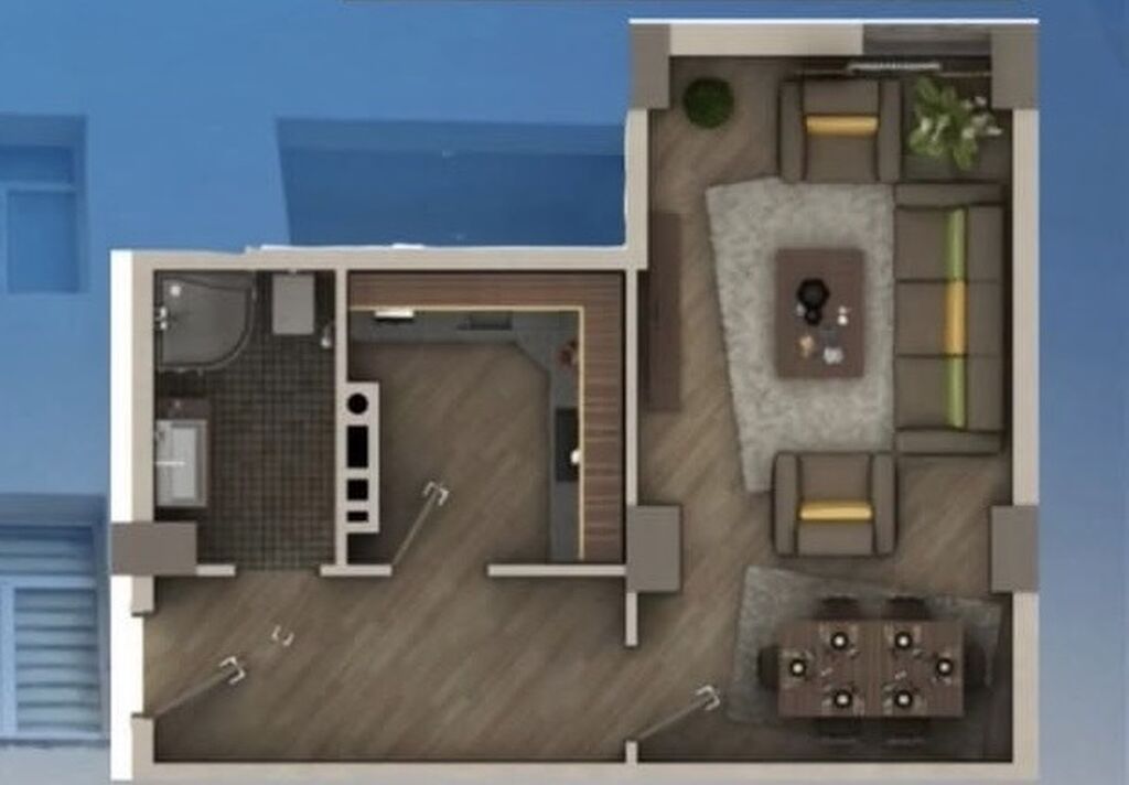 1 otaqlı mənzil – layihəli plan - Planlaşdırma: geniş qonaq otağı — Dekor, dizayn, smeta və planlama, Xırdalan