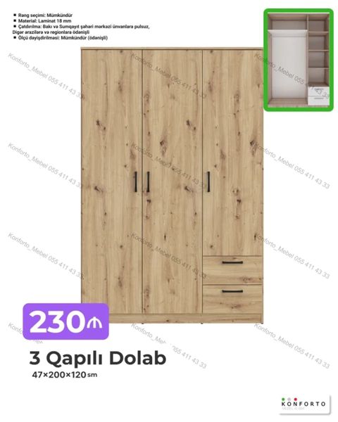 3 qapılı paltar dolabı — 47×200×120 sm - Material: 18 mm laminat — Bakı
