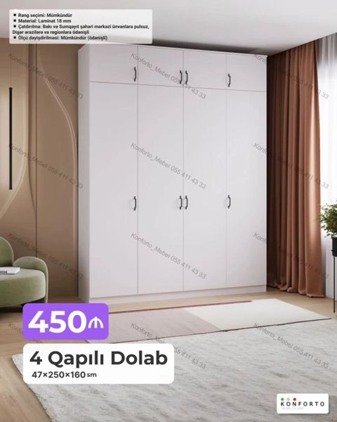 4 qapılı dolab — 47×250×160 sm - Rəng seçimi: mümkündür - Material — Bakı