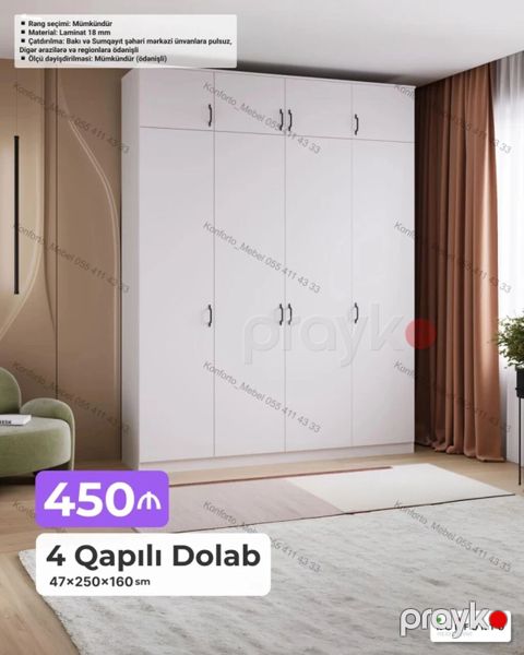 4 qapılı dolab — 47×250×160 sm - Rəng seçimi: mümkündür - Material