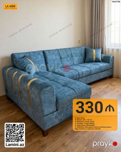 La Mini – Künc Divan (Kod: 2186) - Ölçülər: 260 160 sm - Mexanizm
