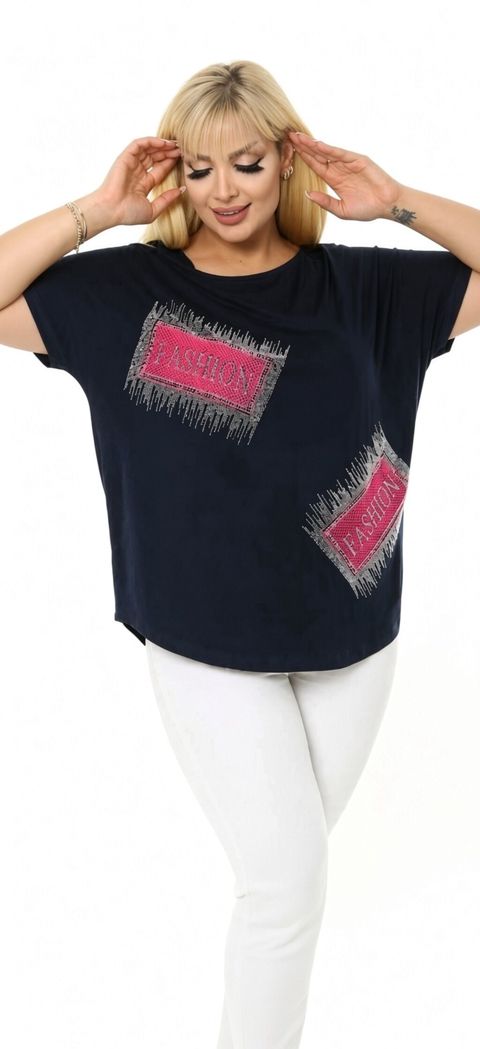 Qadınlar üçün qısaqoll bluz - Rəng: tünd göy - Kəsim: rahat/oversize — Bakı