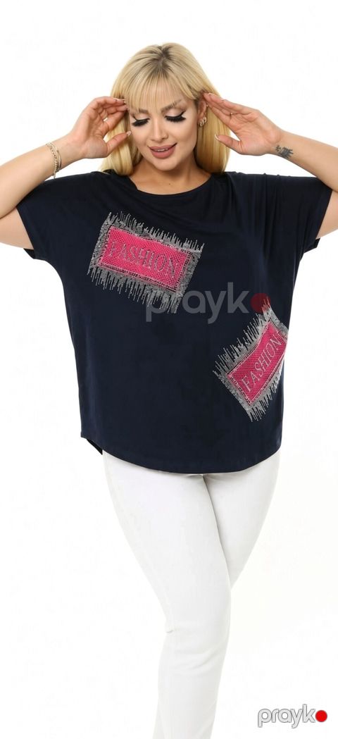 Qadınlar üçün qısaqoll bluz - Rəng: tünd göy - Kəsim: rahat/oversize — Bakı