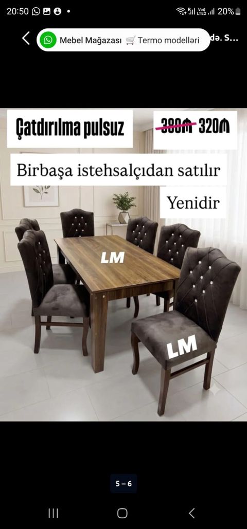Yemək otağı üçün masa–stul dəsti - Komplekt: 1 masa + 6 stul — Mehdiabad