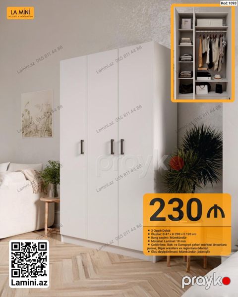 3 qapılı dolab - Ölçü: D 47 H 200 E 120 sm - Material: 18 mm