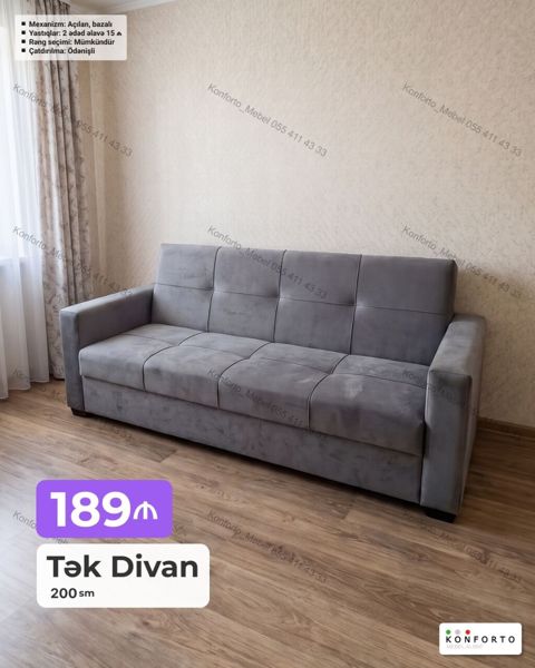 Tək divan – 200 sm - Mexanizm: açılan, bazalı - Yastıqlar: 2 ədəd — Bakı