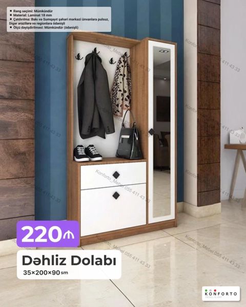 Dəhliz dolabı – 35×200×90 sm - Praktik dəhliz sistemi: açıq asma — Bakı