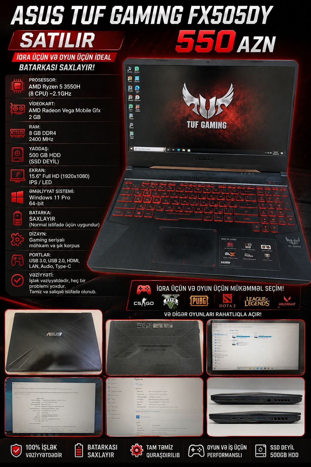 ASUS TUF Gaming FX505DY noutbuku - Ekran: 15.6" Full HD (1920x1080) — Asus, Bakı
