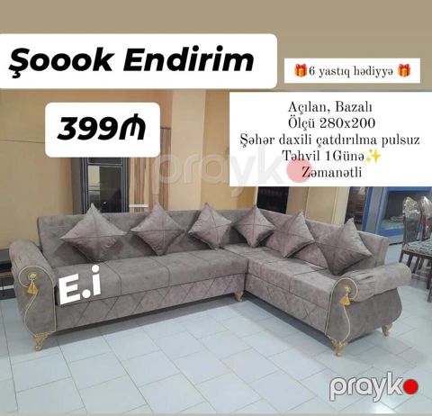 Künc divan – açılan, bazalı model - Ölçü: 280 x 200 sm - 6 ədəd yastıq — Bakı