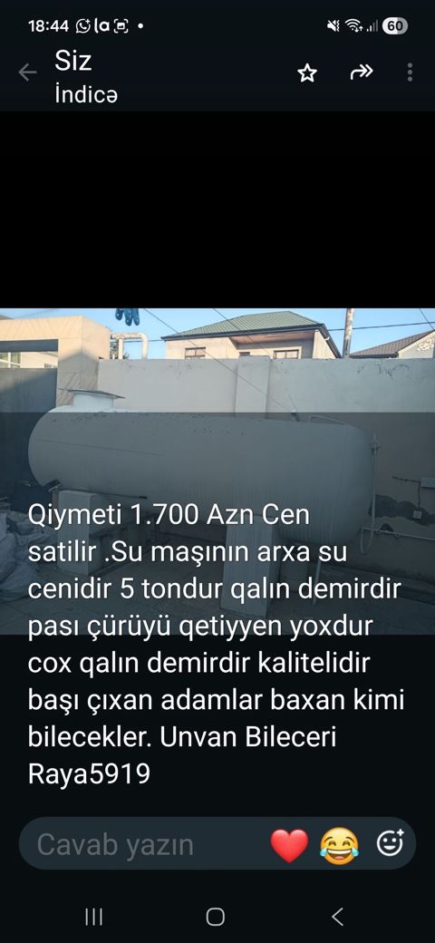 Su maşınının arxasına quraşdırılan su çəni. - Tutum: 5 ton — Sumqayıt