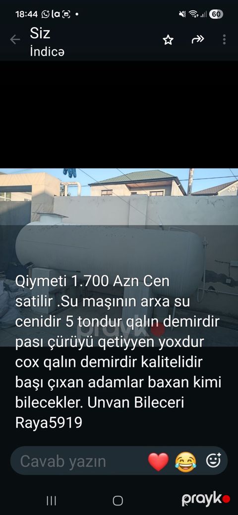 Su maşınının arxasına quraşdırılan su çəni. - Tutum: 5 ton — Sumqayıt