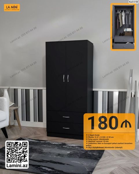 2 qapılı paltar dolabı – Lamini.az (Kod: 6150) - Ölçülər: Dərinlik 47 — Bakı