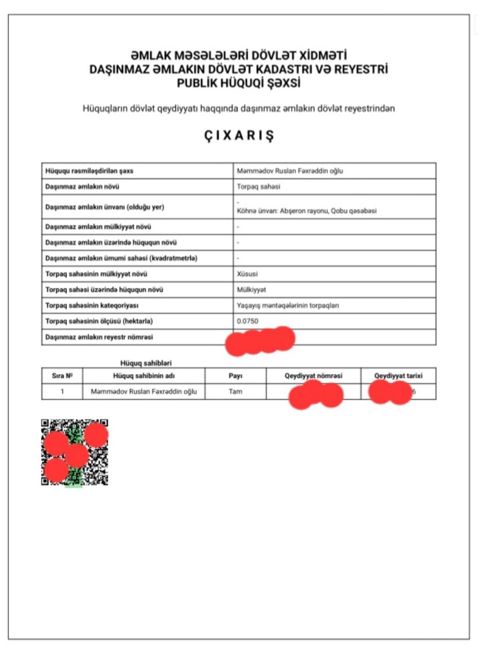 7.5 sot torpaq sahəsi, Qobu qəs — Bakı