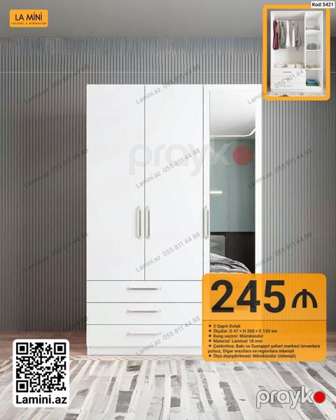 3 qapılı dolab – La Mini - Ölçü: 47 200 120 sm - Rəng seçimi