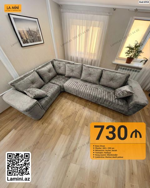 Künc divan, müasir və zərif görünüşü ilə qonaq otağı üçün funksional — Bakı