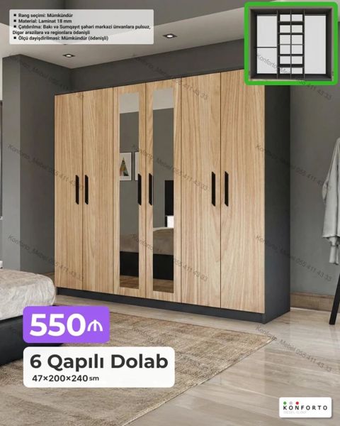 6 qapılı geyim dolabı Ölçü: 47 200 240 sm - Material: 18 mm — Bakı