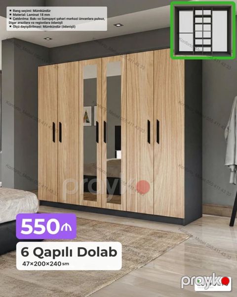 6 qapılı geyim dolabı Ölçü: 47 200 240 sm - Material: 18 mm