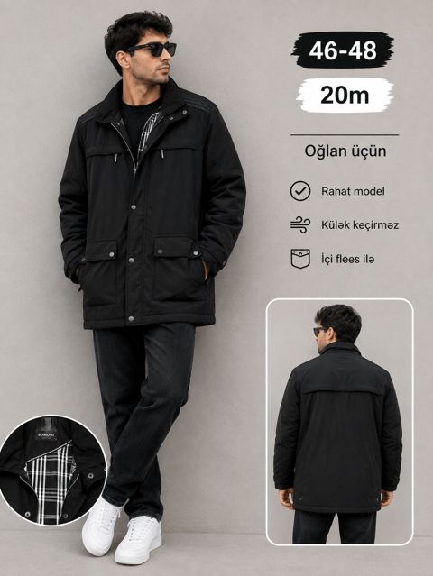Oğlan üçün qara gödəkçə – 46-48 ölçü Rahat model, gündəlik istifadə — Bakı
