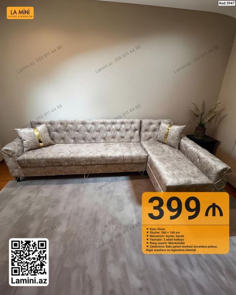 Künc divan – La Mini - Model: Künc Divan (Kod: 3947) - Ölçülər: 260 — Bakı