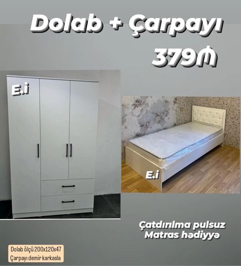 Dolab + çarpayı seti - Rəng: ağ, sadə və modern dizayn - Dolab: 3 — Bakı