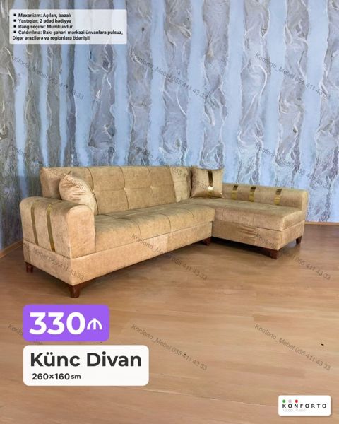 Künc divan – 260×160 sm - Mexanizm: açılan, bazalı (yuxarı qalxan — Bakı