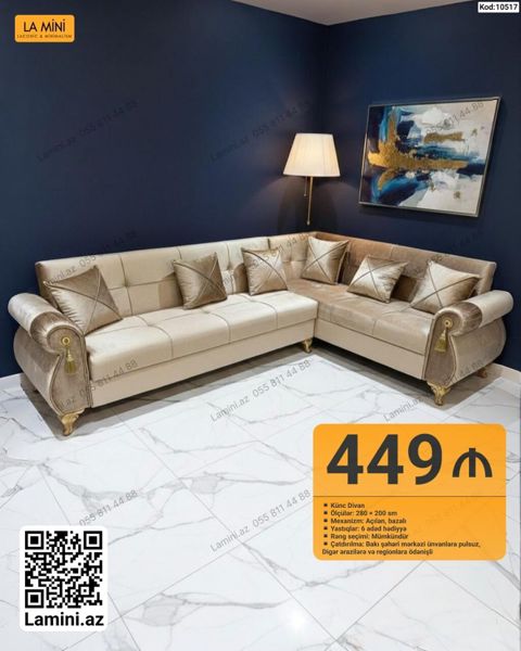 Künc Divan – Kod: 10517 - Ölçülər: 280 200 sm - Mexanizm: açılan — Bakı
