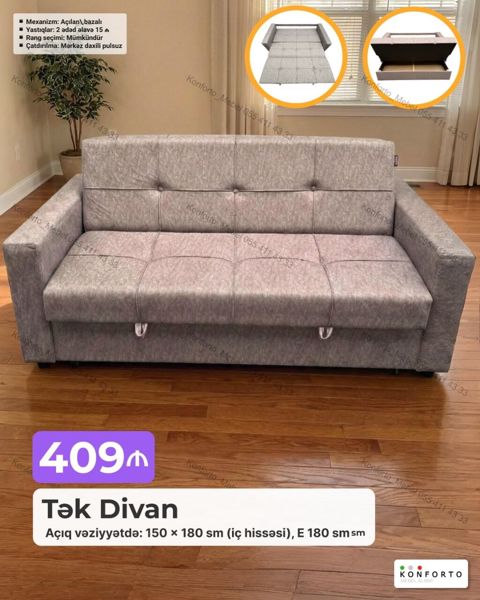 Tək divan – açılan, bazalı mexanizmli model. - Açıq vəziyyətdə ölçü — Bakı