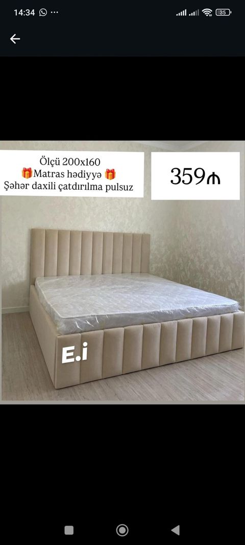 Mebel: Yumşaq başlıqlı iki nəfərlik çarpayı Ölçü: 200 x 160 sm — Bakı