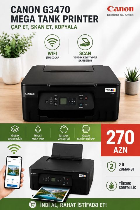 Canon G3470 MegaTank printer – çoxfunksiyalı inkjet həll: - Çap, skan — Bakı