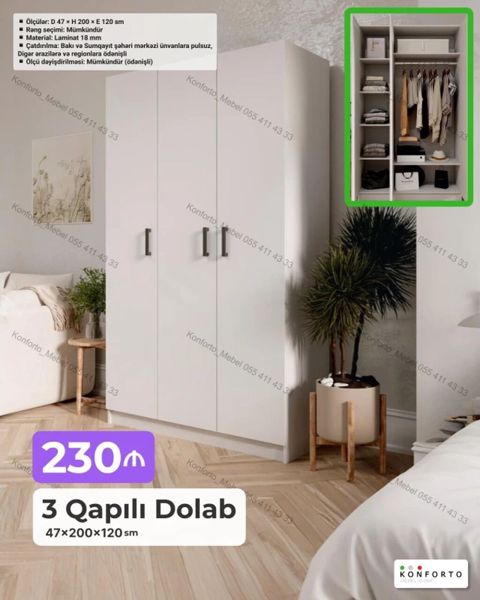 3 qapılı geyim dolabı – 47×200×120 sm - Ölçülər: Dərinlik 47 sm — Bakı