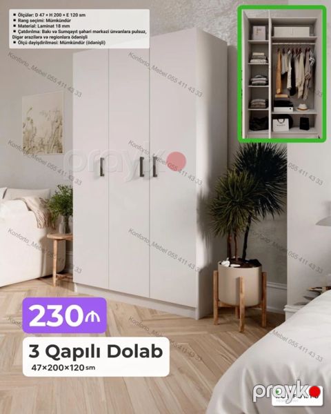 3 qapılı geyim dolabı – 47×200×120 sm - Ölçülər: Dərinlik 47 sm