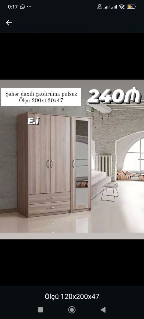 Üç qapılı paltar dolabı – güzgülü model - Ölçü: 200 x 120 x 47 sm — Bakı