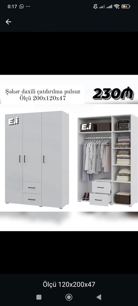Ağ rəngli, 3 qapılı geyim dolabı. Daxili planlama: - 1 bölmədə paltar — Bakı