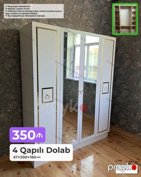 4 qapılı paltar dolabı – 47×200×160 sm - Dizayn: Ağ rəngli korpus