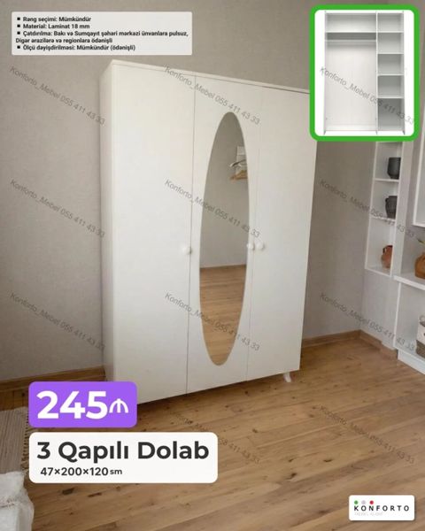 3 qapılı şkaf – 47×200×120 sm - Material: 18 mm laminat - Daxili — Bakı