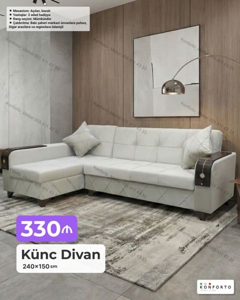 Künc divan – 240×150 sm - Mexanizm: açılan, bazalı (yuxarıdan saxlama — Bakı