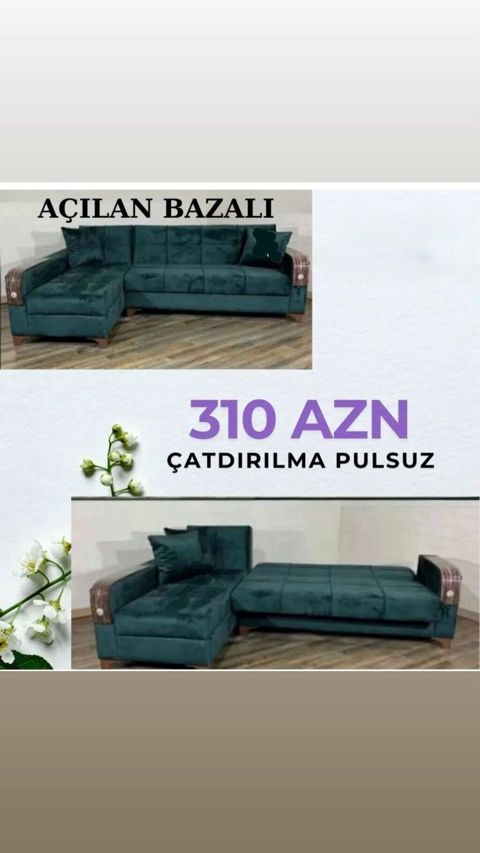 Açılan bazalı künc divan - Rəng: tünd yaşıl - Künc forması: L-şəkilli — Bakı