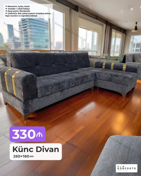 Künc divan – 260×160 sm - Açılan, bazalı mexanizm: yataq funksiyası — Bakı
