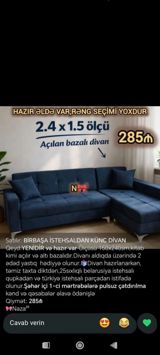 Künc divan – açılan və bazalı model - Ölçü: 2.4 x 1.5 m (təxminən 150 — IlksimayMebel