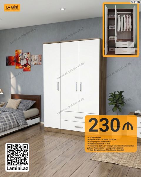 Məhsul: 3 qapılı dolab (Kod: 1083) - Ölçülər: Dərinlik 47 sm — Bakı