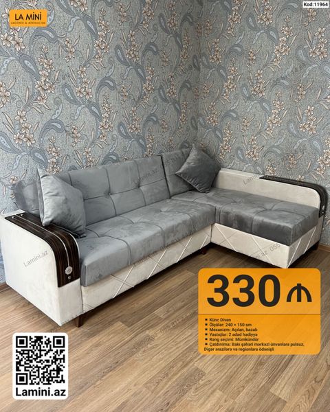 Künc divan – 240 x 150 sm ölçüdə. Xüsusiyyətləri: - Açılan mexanizm — Bakı