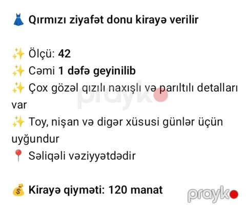 Qırmızı ziyafət donu kirayə - Ölçü: 42 - Cəmi 1 dəfə geyinilib — Bakı