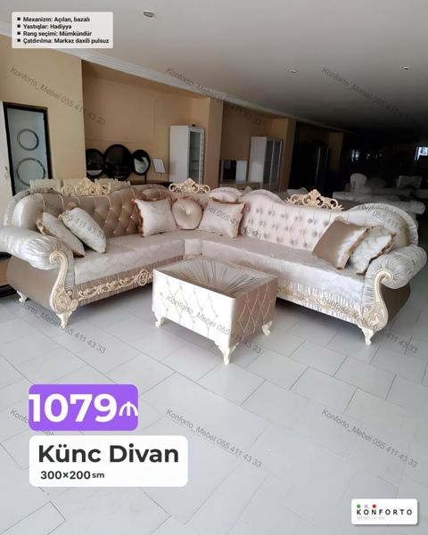 Künc Divan – 300×200 sm - Klassik dizaynlı, əl oyma detallı künc — Bakı