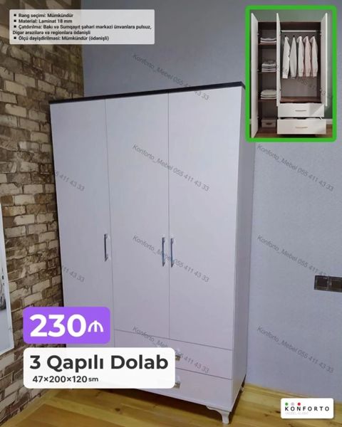 3 qapılı paltar dolabı Ölçü: 47 200 120 sm Material: 18 mm — Bakı