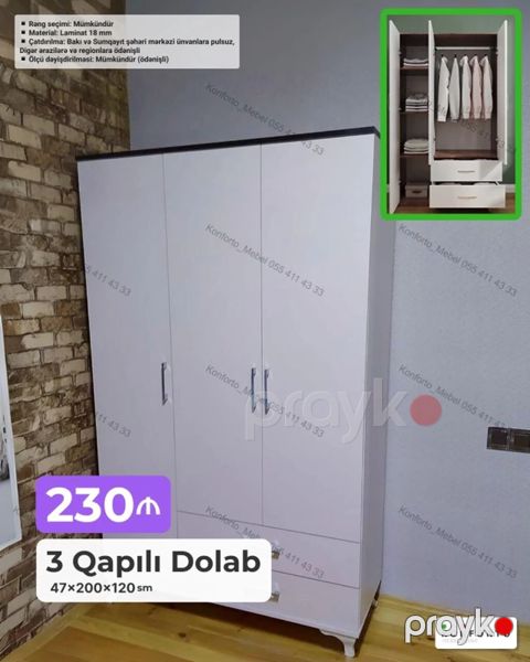 3 qapılı paltar dolabı Ölçü: 47 200 120 sm Material: 18 mm