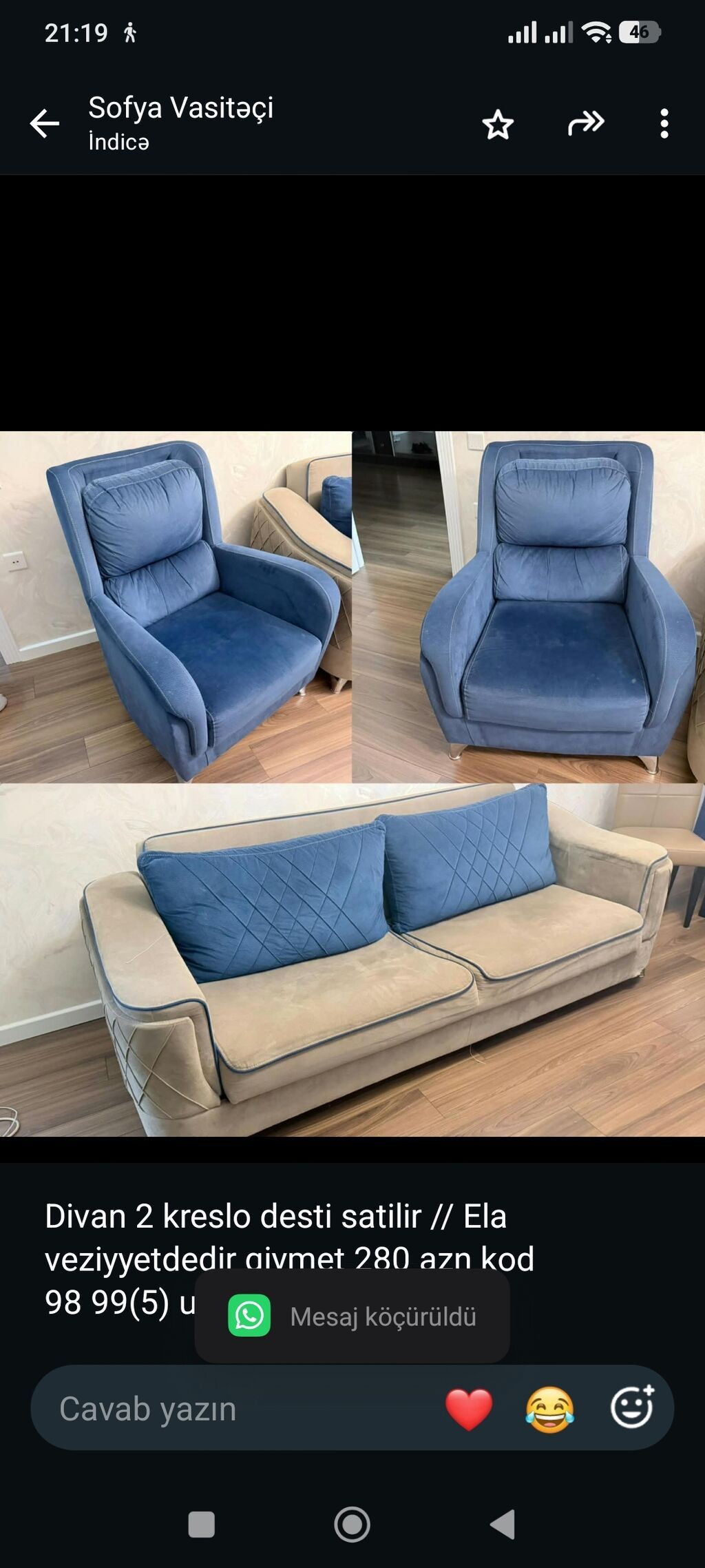 Divan 2 kreslo desti satilir Ela veziyyetdedir qiymet 280 azn kod — Yumşaq mobilya dəstləri, Bakı