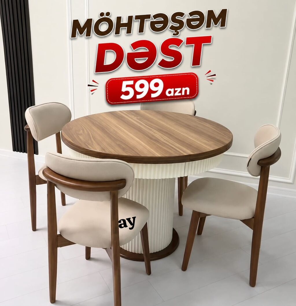 Möhtəşəm Dəst – 599 AZN - Yemək otağı üçün 1 ədəd dairəvi masa və 4 — Masalar və stullar, Digah