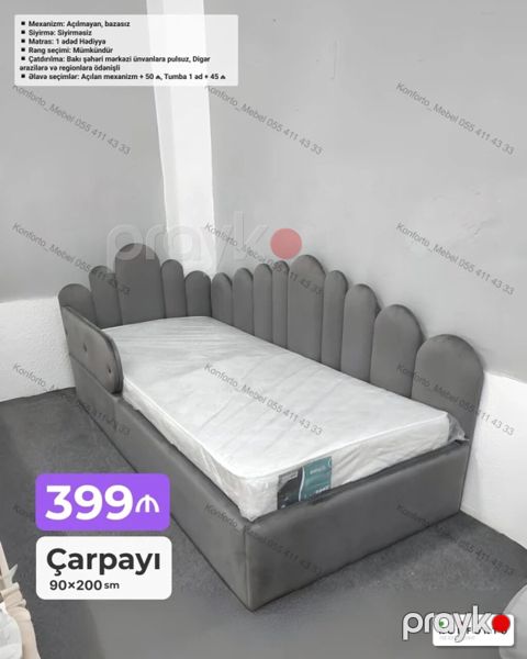 Uşaq/yeniyetmə üçün çarpayı – 90×200 sm - Dizayn: Yumşaq başlıq və — Bakı